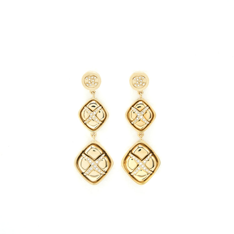 Chanel 22C Quilted Drop Earrings Light Gold Tone