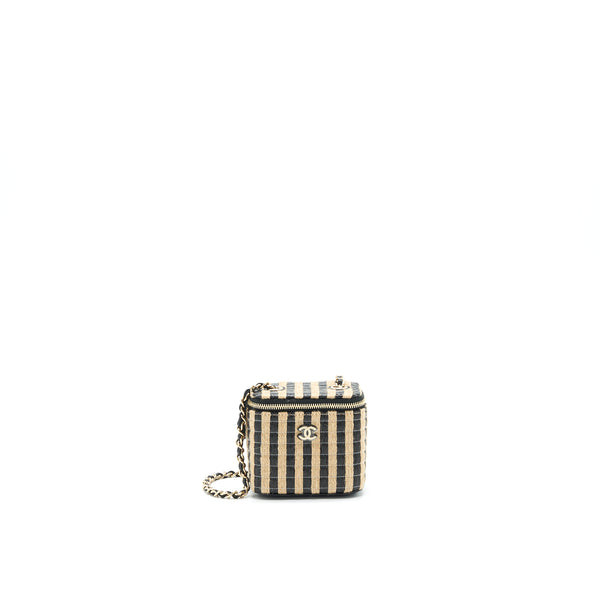 Chanel Small Vanity with Chain raffia Black Beige stripe