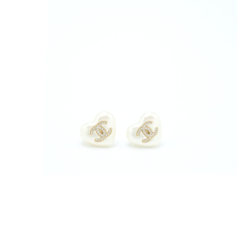 Chanel Heart Pearl Earrings With Crystals Light Gold
