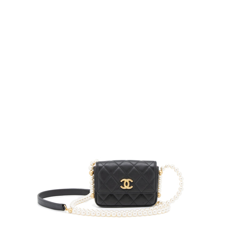 Chanel Pearl Chain Mini Flap Bag Lambskin Black Brushed GHW