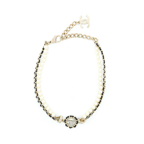 Chanel Crystal CC Logo Leather Chain/ Pearl Chocker Light Gold Tone