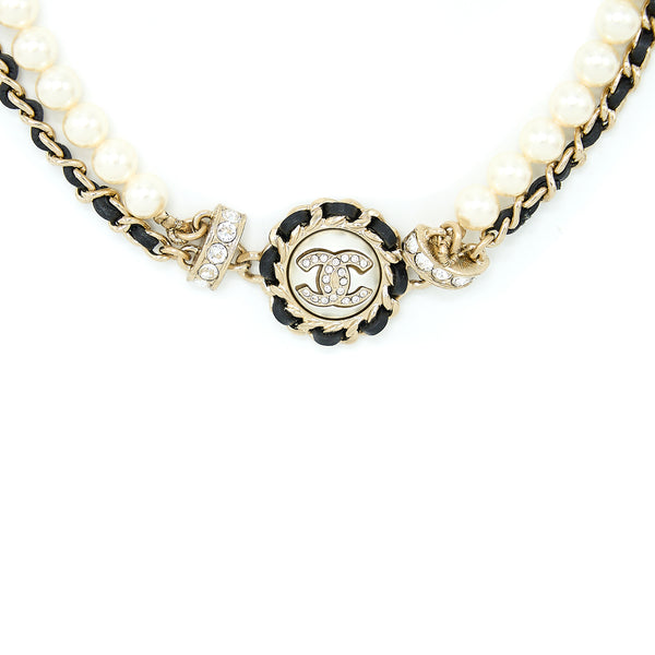 Chanel Crystal CC Logo Leather Chain/ Pearl Chocker Light Gold Tone