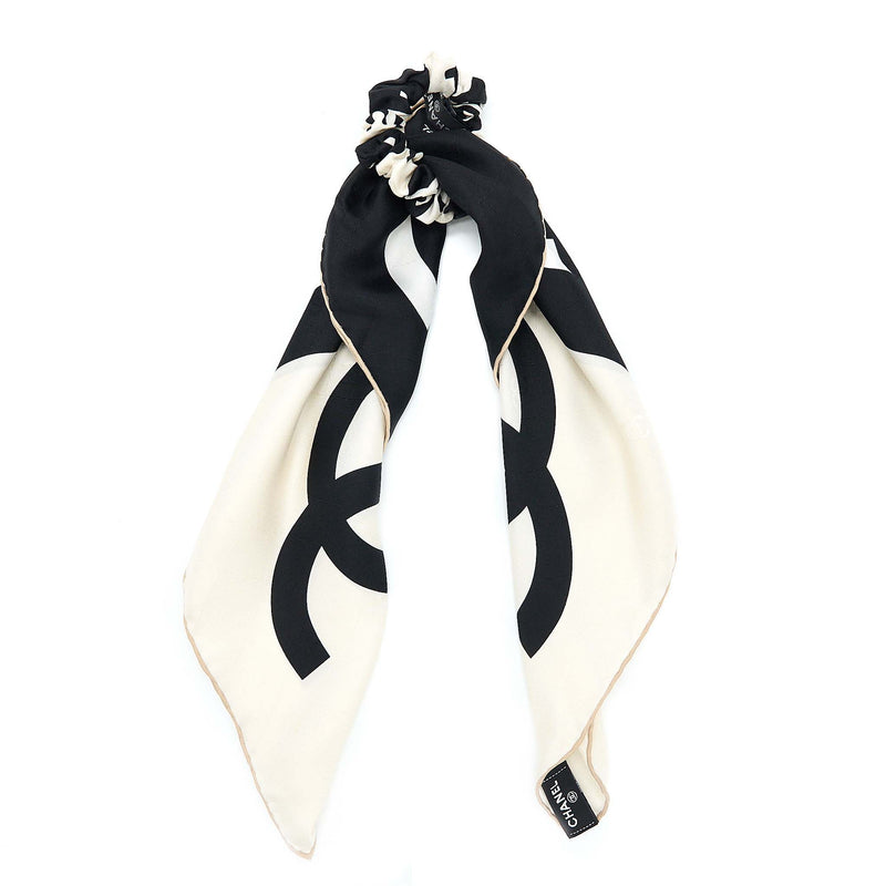 Chanel Silk Hair Tie Scarf with Scrunchie, Black and White, New in