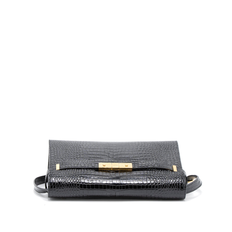 Saint Laurent Manhattan Shoulder Bag Crocodile-Embossed Black GHW