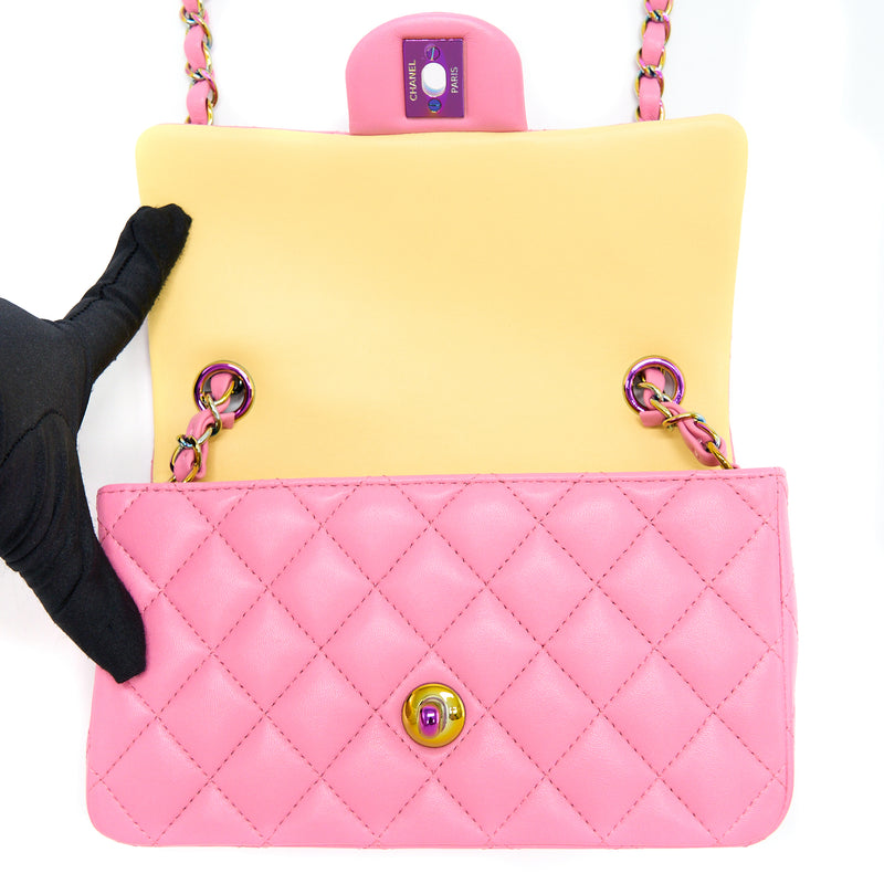 21P Pink Lambskin Quilted Classic Flap Small Yellow Interior / Rainbow Hardware