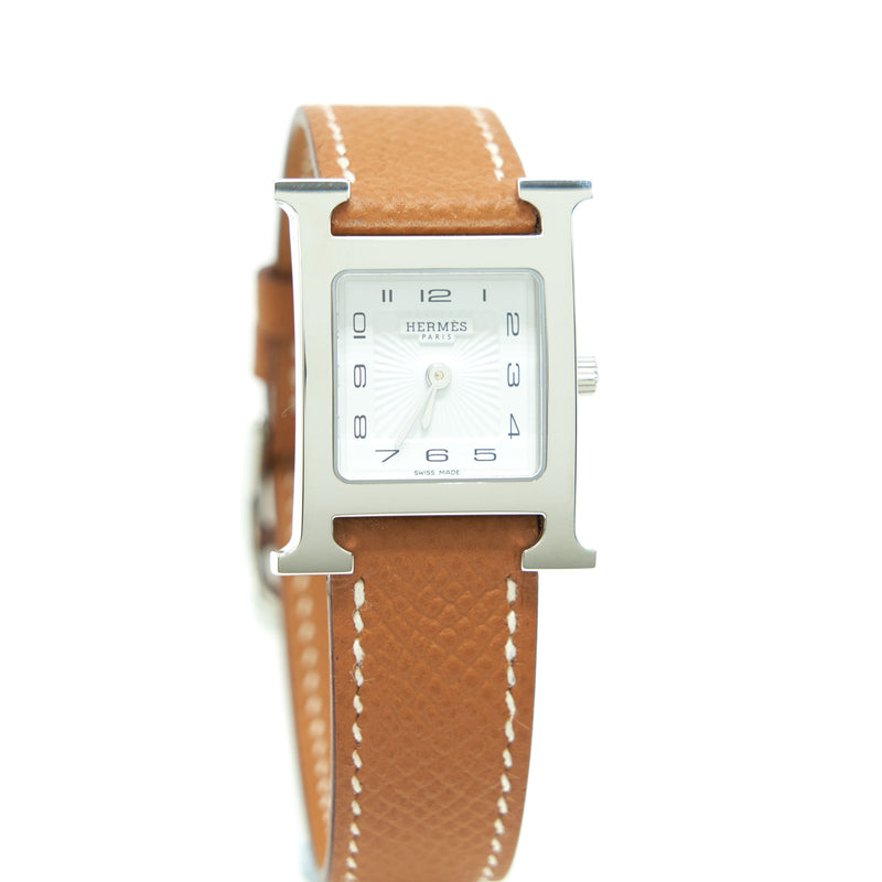 Hermes Heure H Steel Watch  21mm Epsom Gold Strap