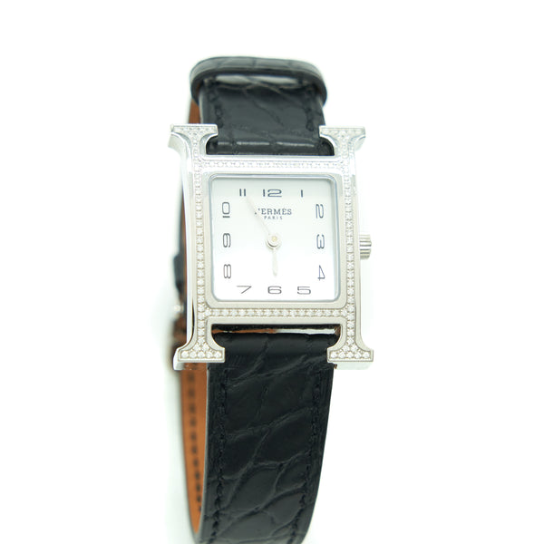 Hermes Heure H Watch 21 mm Steel With Diamonds, White Natural Mother-Of-Pearl Dial With Alligators Strap