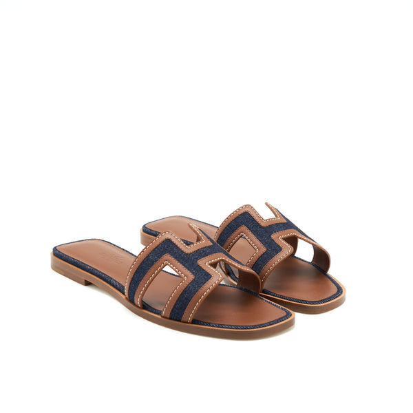 Hermes Size 37.5 Oran Sandals Denim Canvas / Calfskin Blue Brut