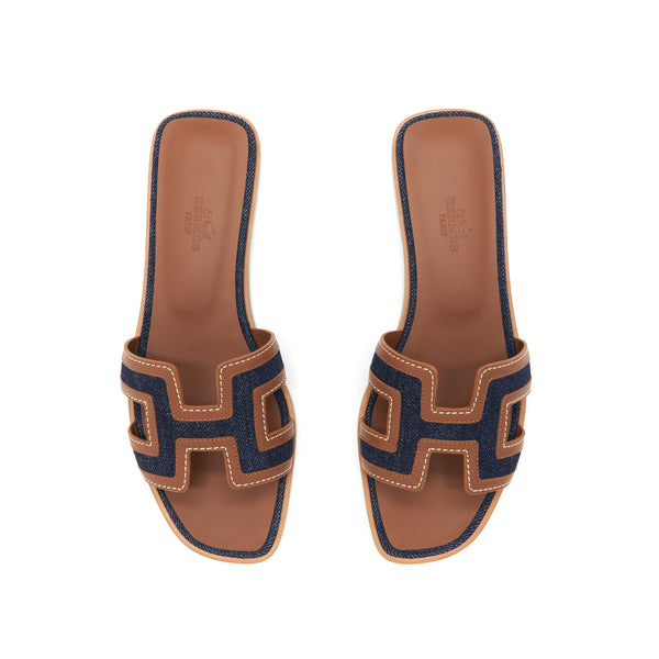 Hermes Size 37.5 Oran Sandals Denim Canvas / Calfskin Blue Brut