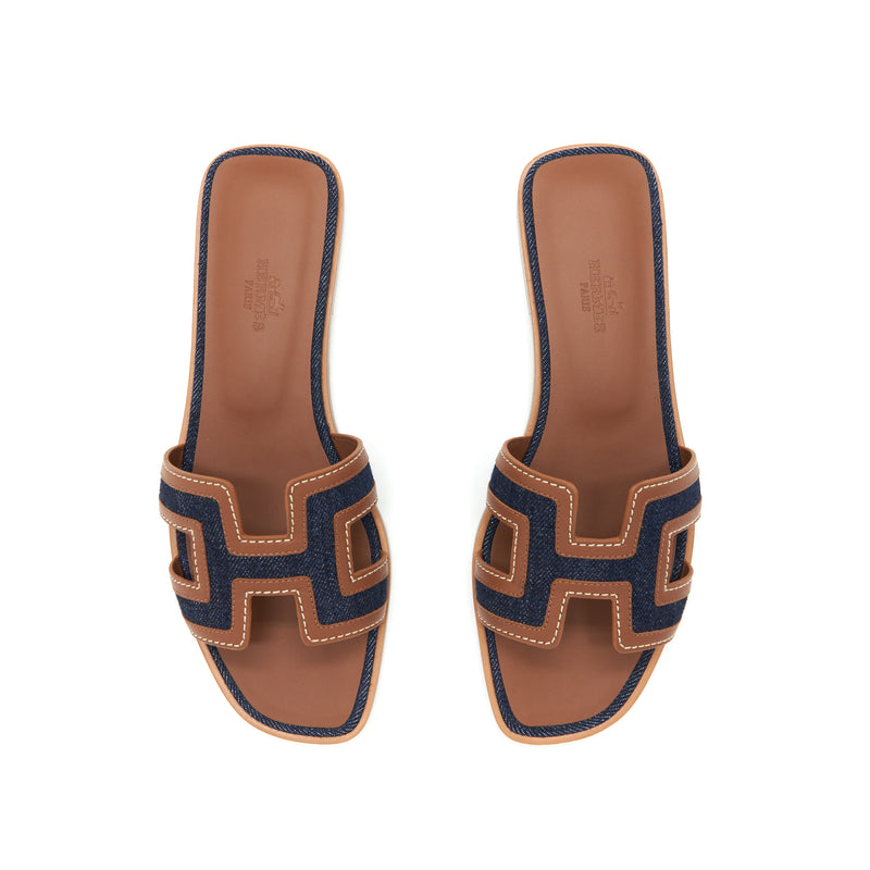 Hermes Size 37.5 Oran Sandals Denim Canvas / Calfskin Blue Brut