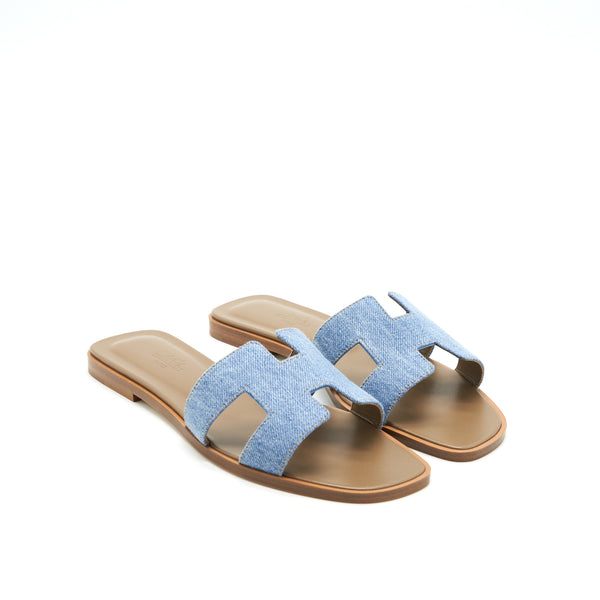Hermes Size 37.5 Oran Sandals Denim Canvas Blue Clair