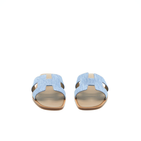 Hermes Size 37.5 Oran Sandals Denim Canvas Blue Clair