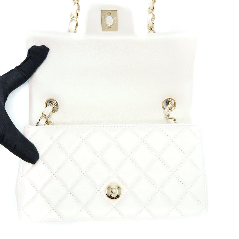 Chanel Classic Mini Rectangular Flap Bag Calfskin Iridescent White LGHW