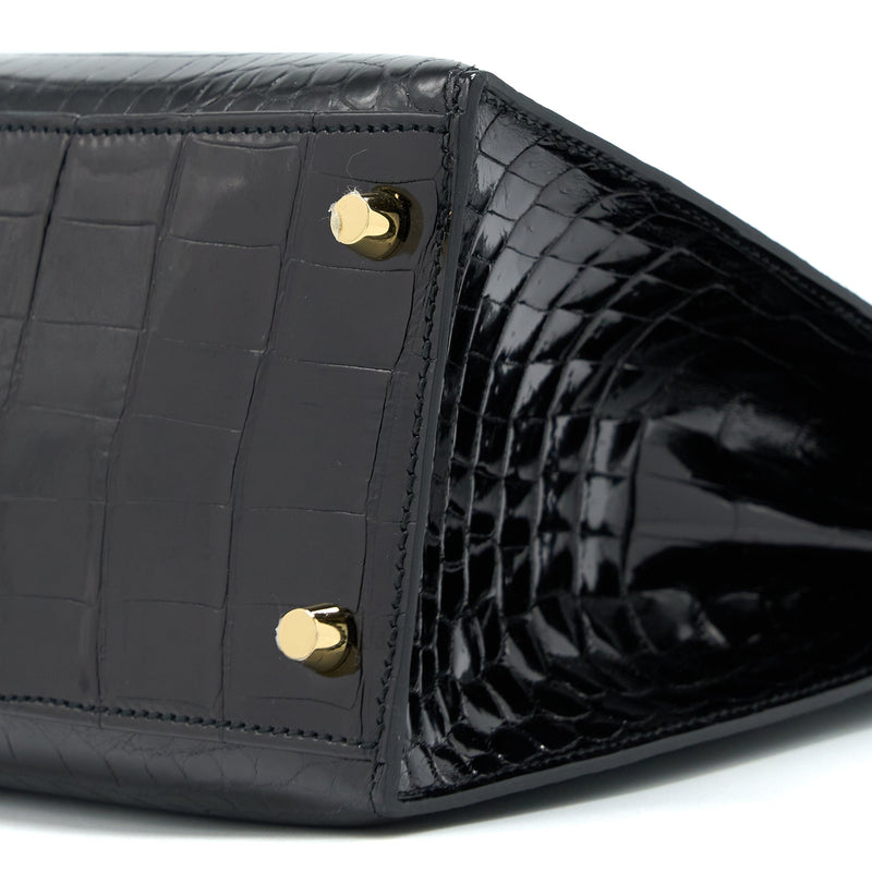 Hermes Kelly 28 Sellier Shiny Niloticus Crocodile Black GHW Stamp C