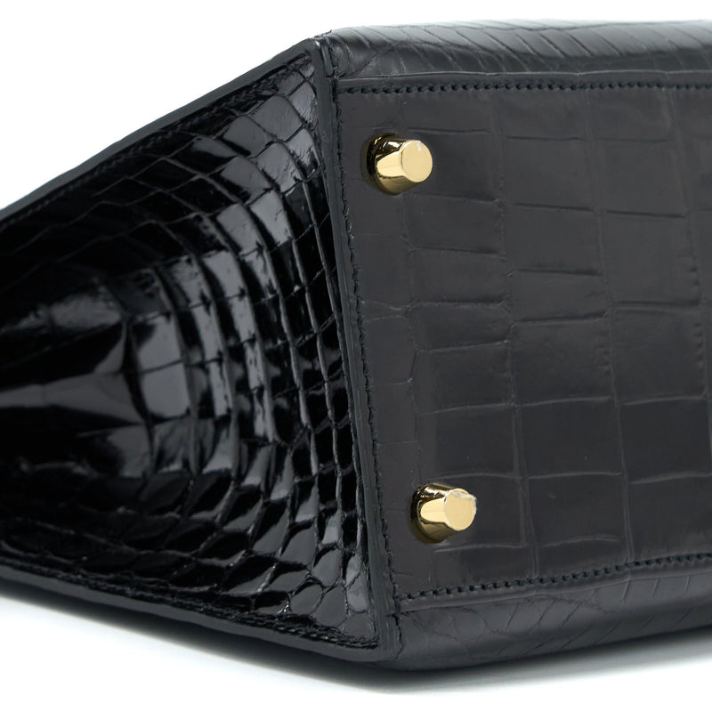 Hermes Kelly 28 Sellier Shiny Niloticus Crocodile Black GHW Stamp C