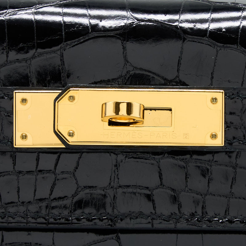 Hermes Kelly 28 Sellier Shiny Niloticus Crocodile Black GHW Stamp C