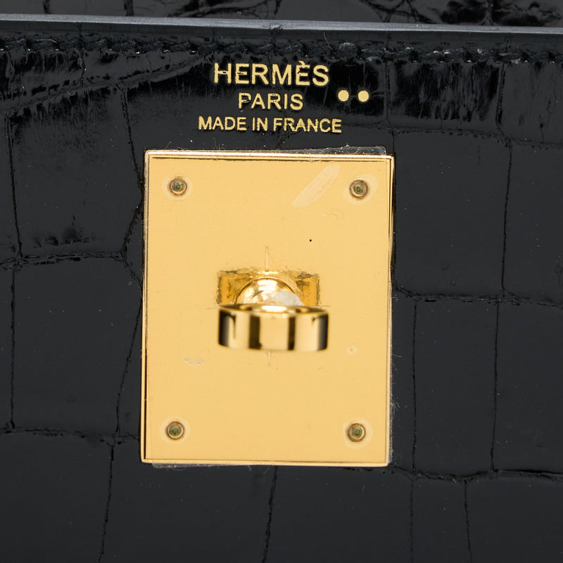 Hermes Kelly 28 Sellier Shiny Niloticus Crocodile Black GHW Stamp C
