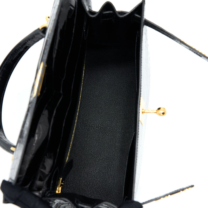 Hermes Kelly 28 Sellier Shiny Niloticus Crocodile Black GHW Stamp C