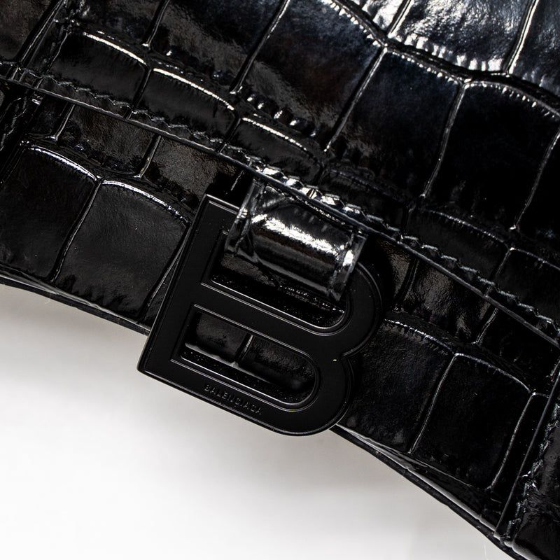Balenciaga Hourglass XS Croc-Embossed Calfskin So Black