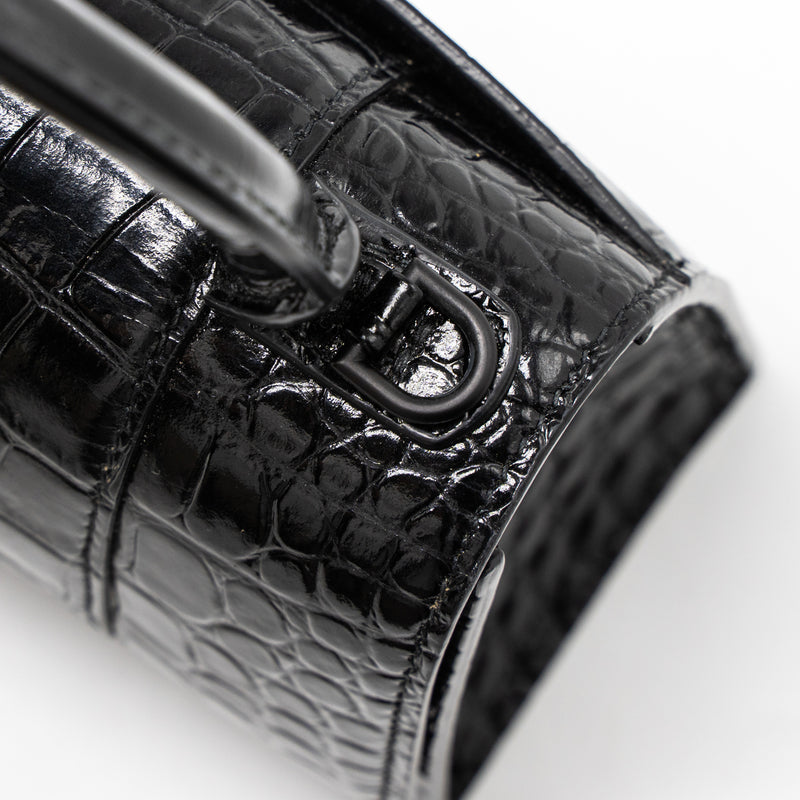 Balenciaga Hourglass XS Croc-Embossed Calfskin So Black