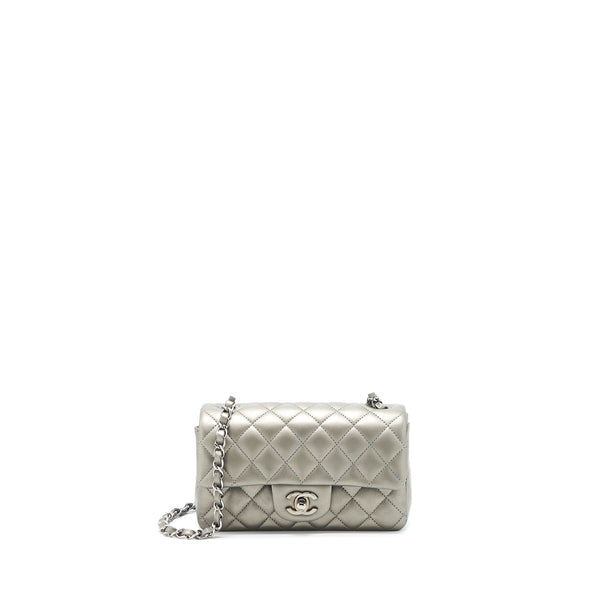 Chanel 21B Mini Rectangular Flap Bag Calfskin Metallic Silver with Shiny Ruthenium Hardware (Microchip)