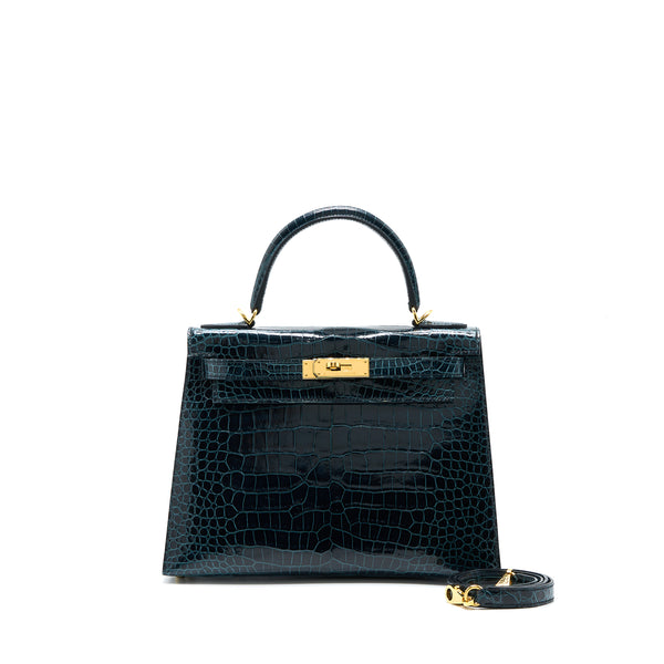 Hermes Kelly 28 Crocodile Porous Kisses V0 Vert Rousseau GHW Stamp D