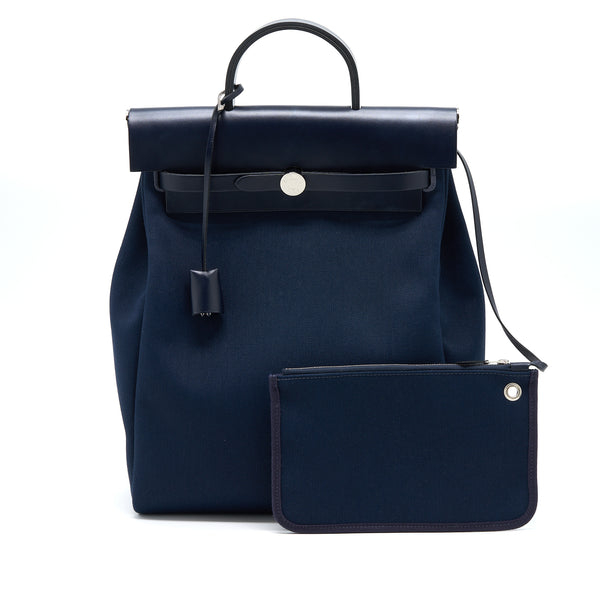 Hermes Herbag Backpack Canvas/Leather Dark Blue/Black SHW Stamp Z