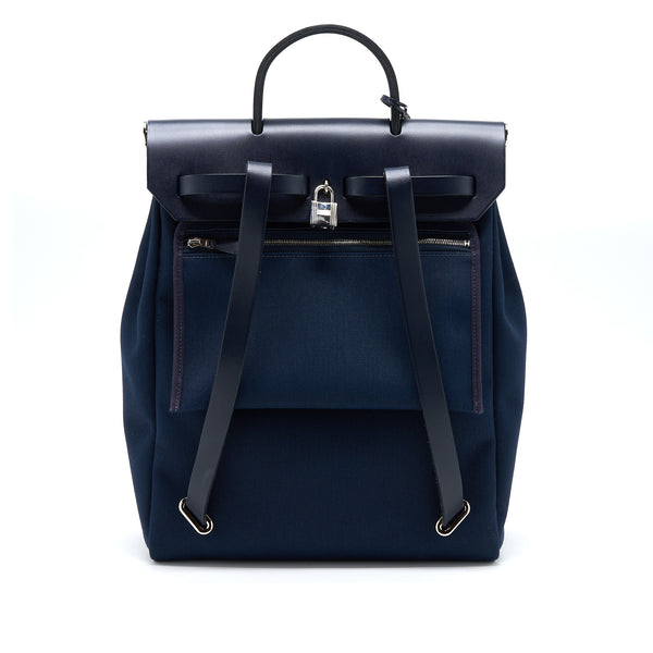 Hermes Herbag Backpack Canvas/Leather Dark Blue/Black SHW Stamp Z