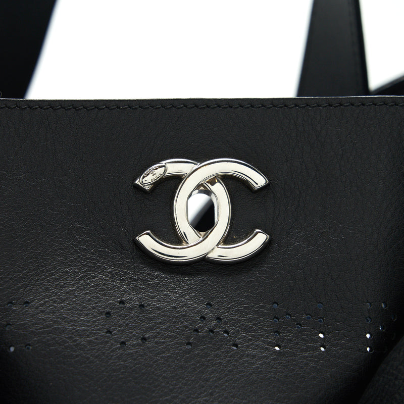 Chanel Eyelet Logo Calfskin Tote Bag Black/ Blue SHW