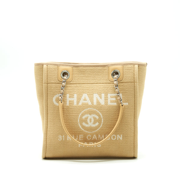 Chanel Deauville PM Chain Tote Bag Canvas Dark Beige SHW (Microchip)