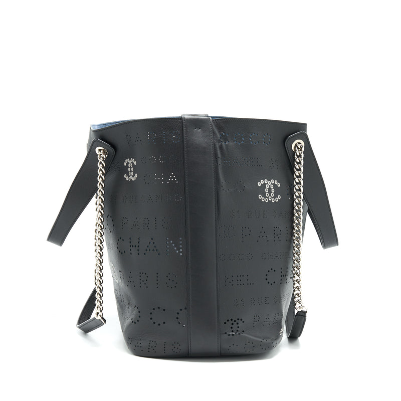 Chanel Eyelet Logo Calfskin Tote Bag Black/ Blue SHW