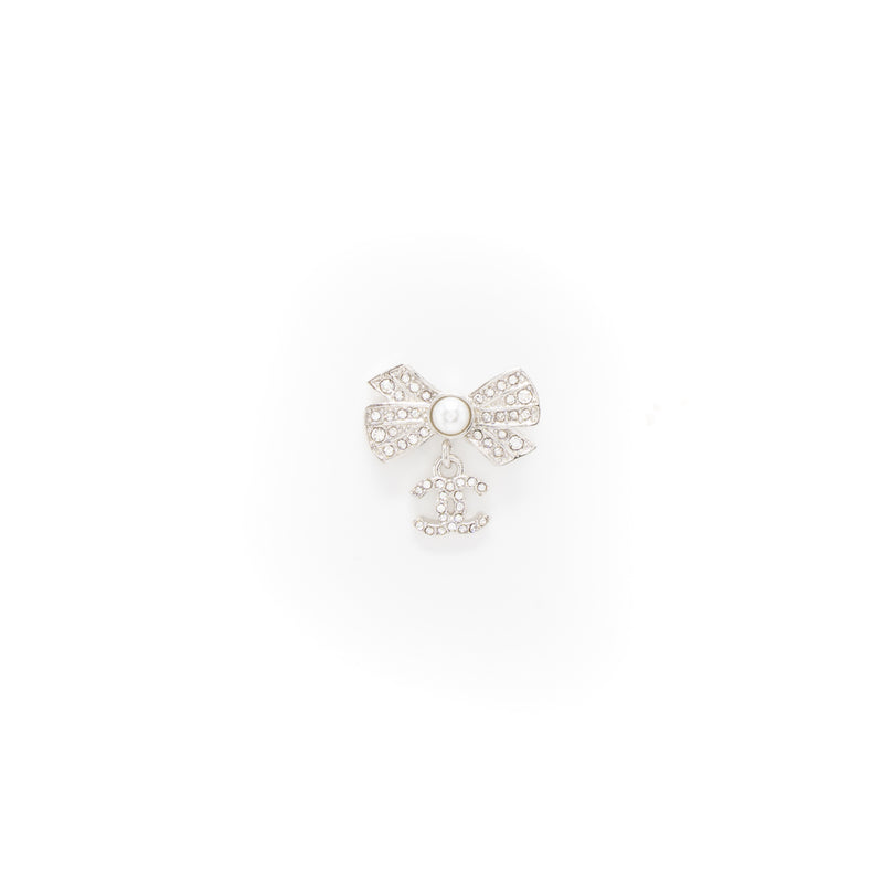Chanel Bow/CC Logo Drop Earrings Crystal/Pearl Silver Tone
