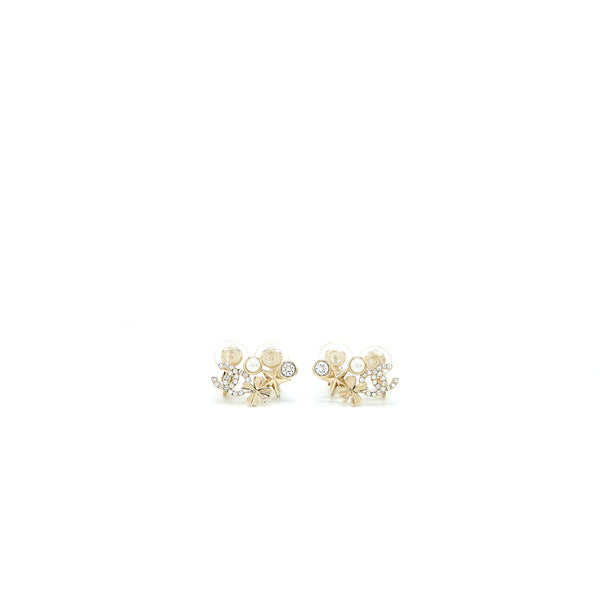 Chanel CC Logo Flower Ear Clip Crystal/Pearl Light Gold Tone