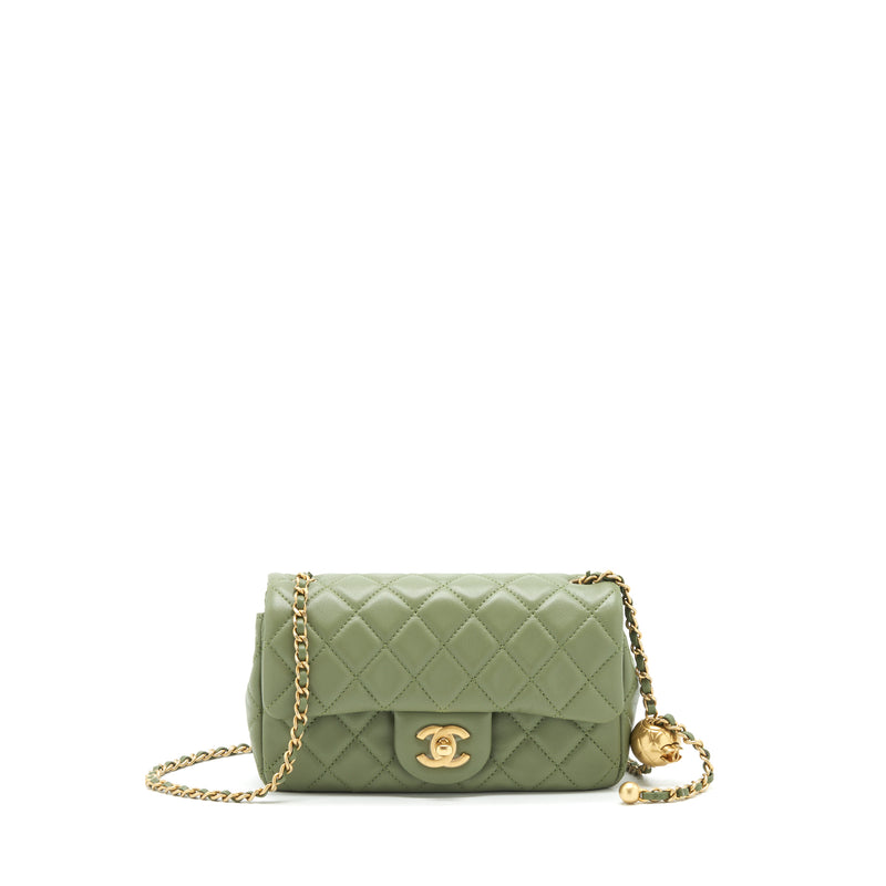 Chanel Olive Green Quilted Lambskin Mini Flap Bag With Pearl Crush