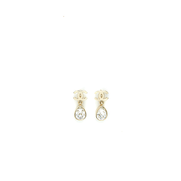 Chanel CC Logo Drop Earrings Crystal Light Gold Tone
