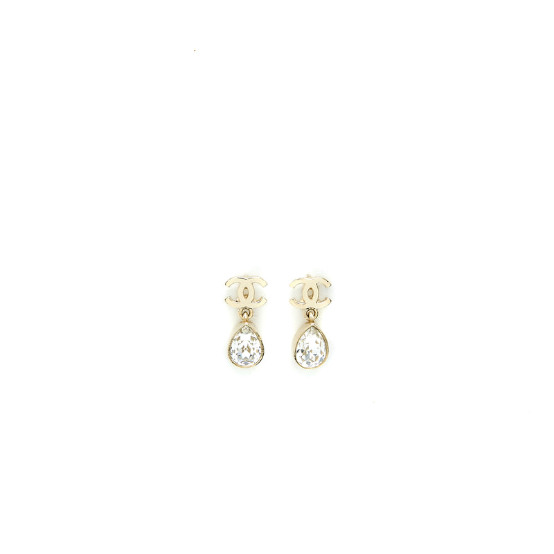 Chanel CC Logo Drop Earrings Crystal Light Gold Tone