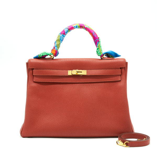 Hermes Kelly 35 Togo Vermillion GHW Stamp Square Q With An Extra Twilly