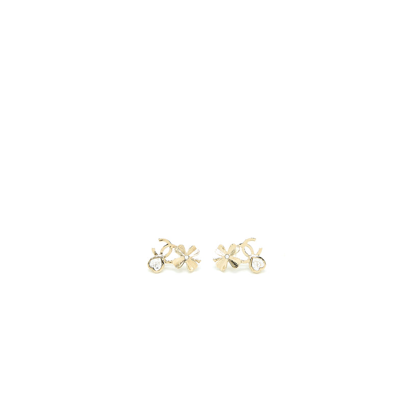 Chanel 22S CC Logo Flower Earrings Crystal Light Gold Tone