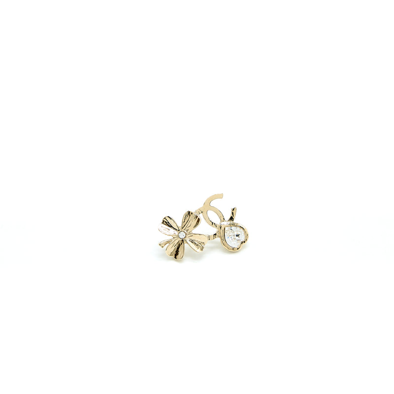 Chanel 22S CC Logo Flower Earrings Crystal Light Gold Tone