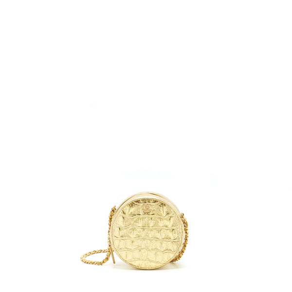 Chanel mini Round Vanity with chain Croc Embossed leather Gold GHW