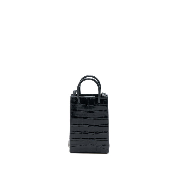 Balenciaga Mini Shopping Phone Pouch Coro-Emboss Calfskin Black SHW