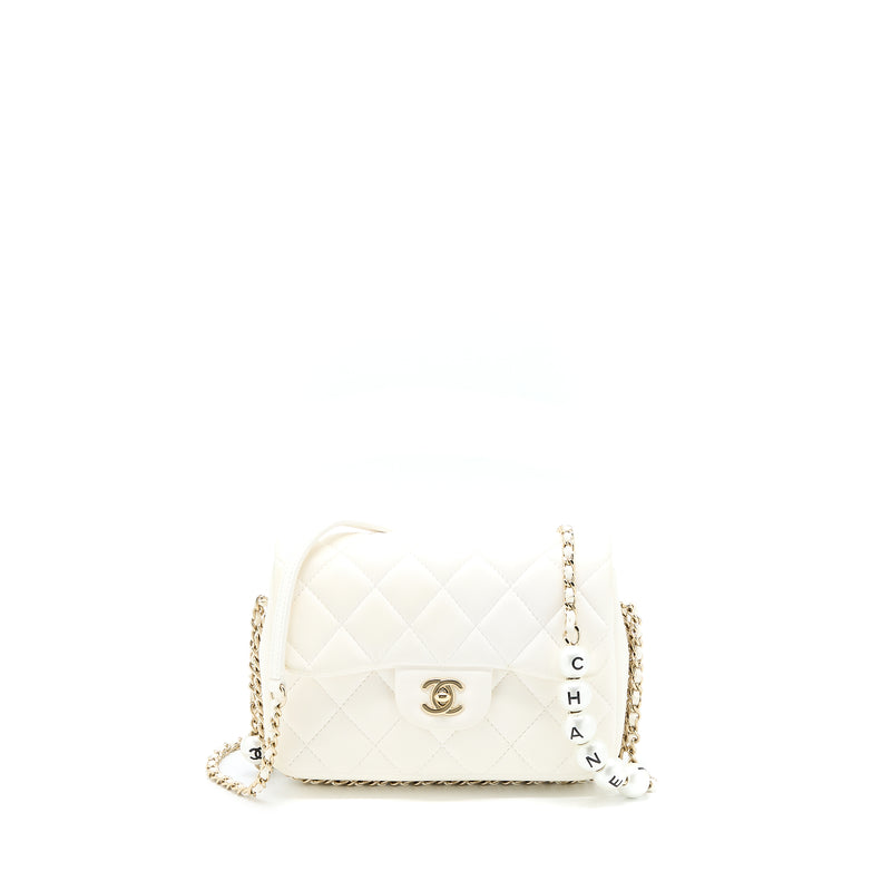 Chanel 2021 Lambskin Quilted Pearl Mini About Pearls Drawstring Bag White