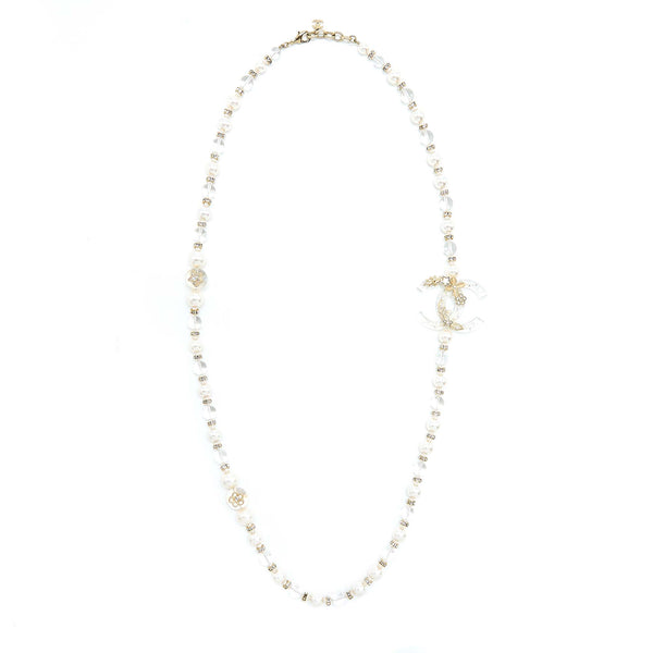 Chanel CC Logo Necklace Crystal/Pearl/Arcylic Strass Light Gold Tone