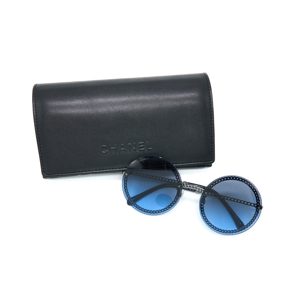 Chanel 4245 Round Sunglasses Leather Chain Dark Blue SHW