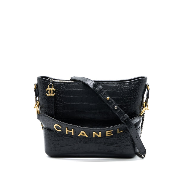 Chanel Large Gabrielle Hobo Bag Croc Embossed Calfskin With Logo Strap Black Multicoloured Hardware