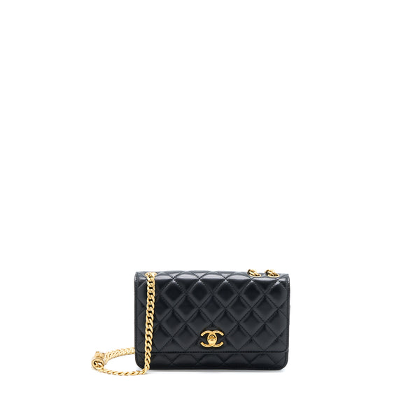 Chanel 22K Gold Pillar Wallet On Chain Lambskin Black Brushed GHW(Microchip)