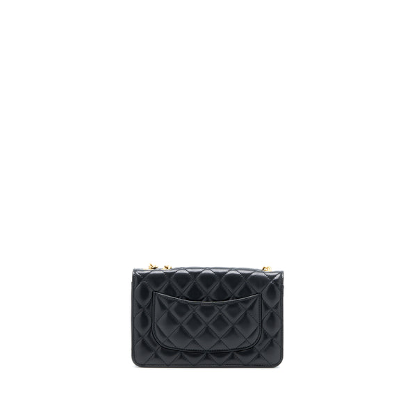 Chanel 22K Gold Pillar Wallet On Chain Lambskin Black Brushed GHW(Microchip)