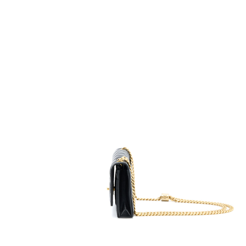 Chanel 22K Gold Pillar Wallet On Chain Lambskin Black Brushed GHW(Microchip)
