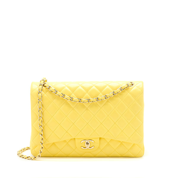 Chanel Maxi Classic Double Flap Bag Lambskin Yellow LGHW
