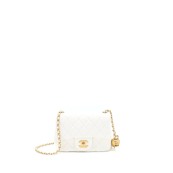 Chanel Pearl Crush Mini Square Flap Bag Lambskin White GHW(Microchip)